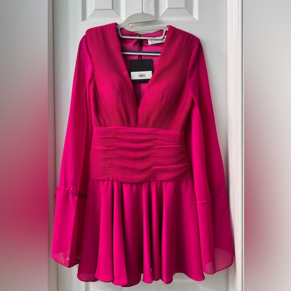 Pink Pleated Bell Sleeve Chiffon Mini Dress - Size 0
